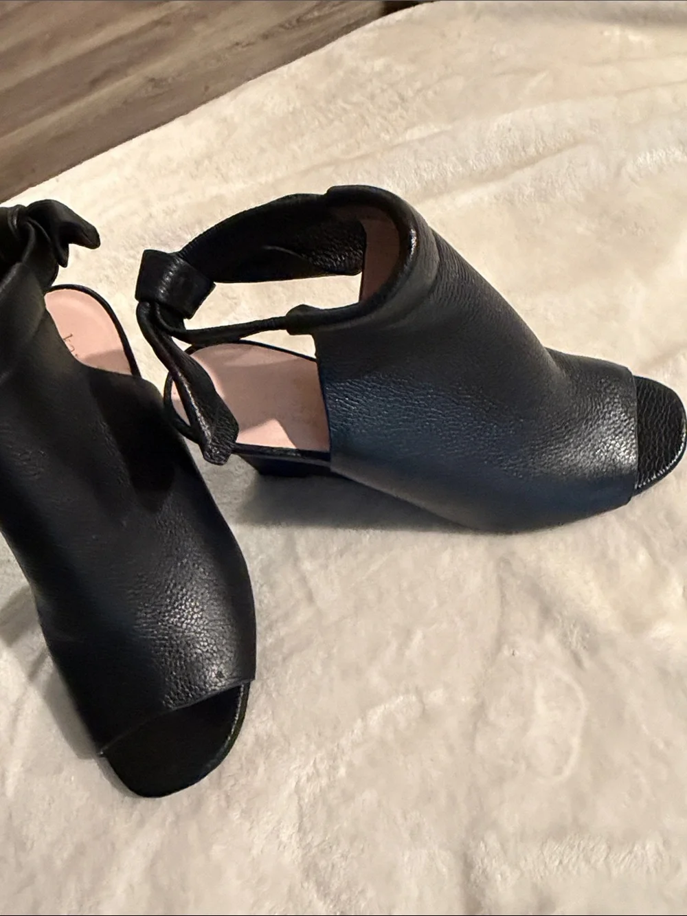 kate spade Black Leather Open-Toe Ankle-Wrap Wedge Sandals